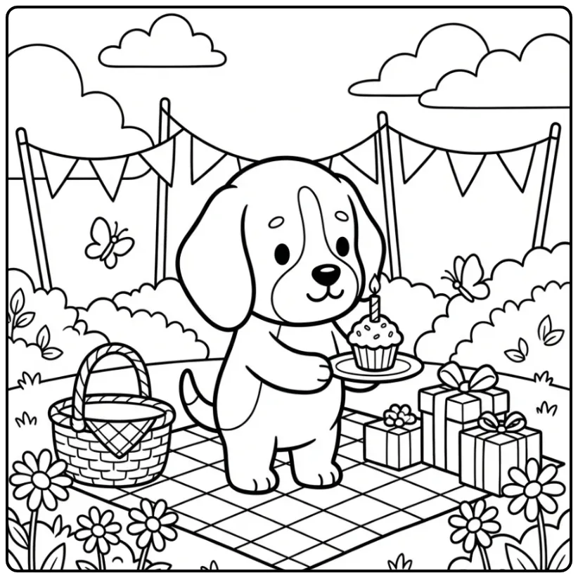 Cheerful Beagle Birthday Puppy at a Picnic coloring page