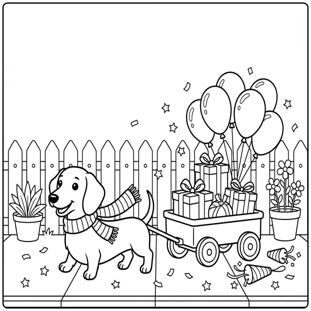 Cheerful Dachshund Birthday Puppy Pulling a Gift Wagon coloring page