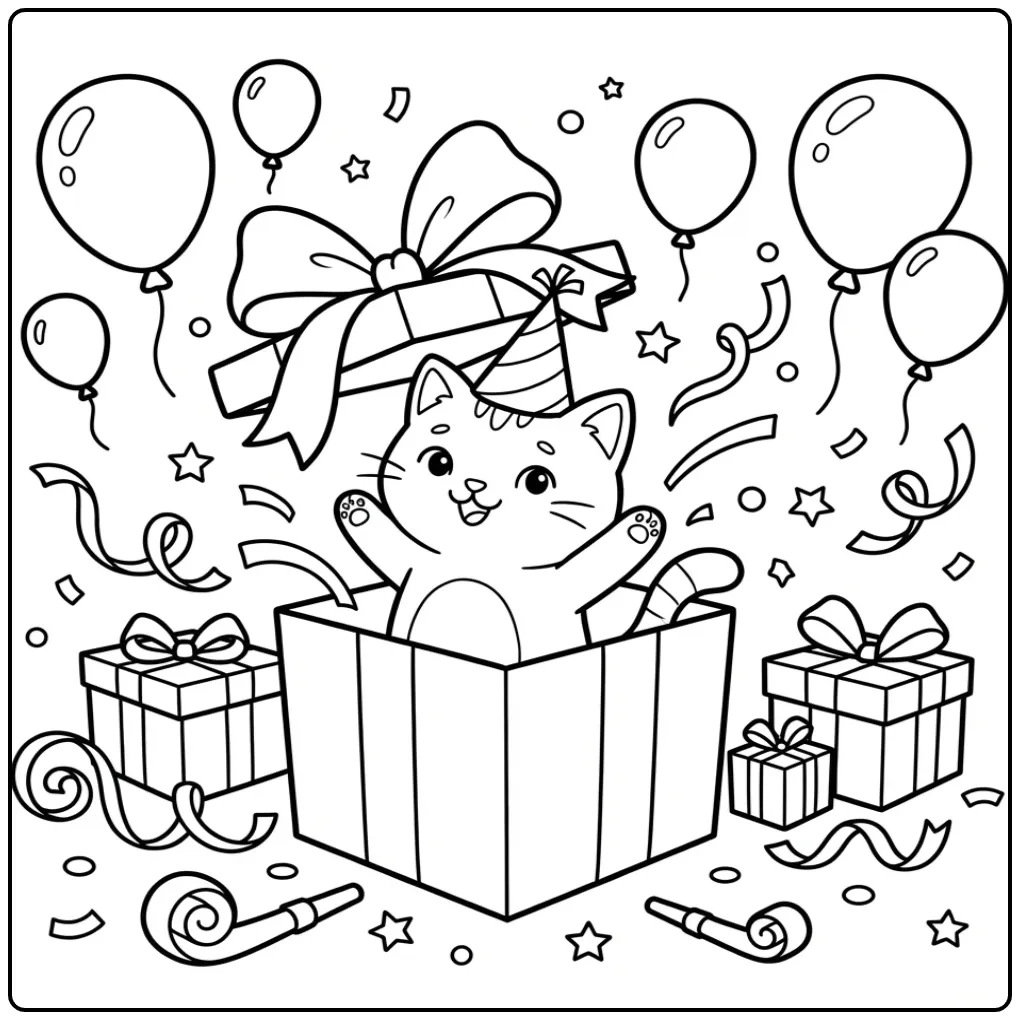 Birthday Cat coloring page with balloons and ribbon