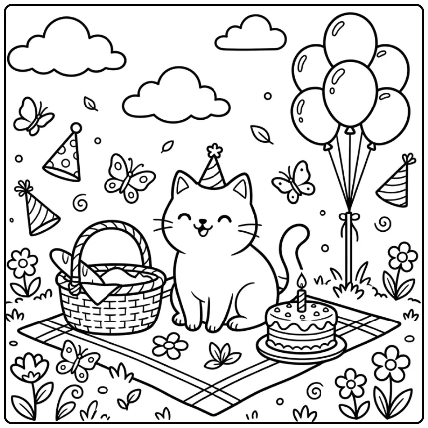Birthday Cat coloring page in the garden with cake