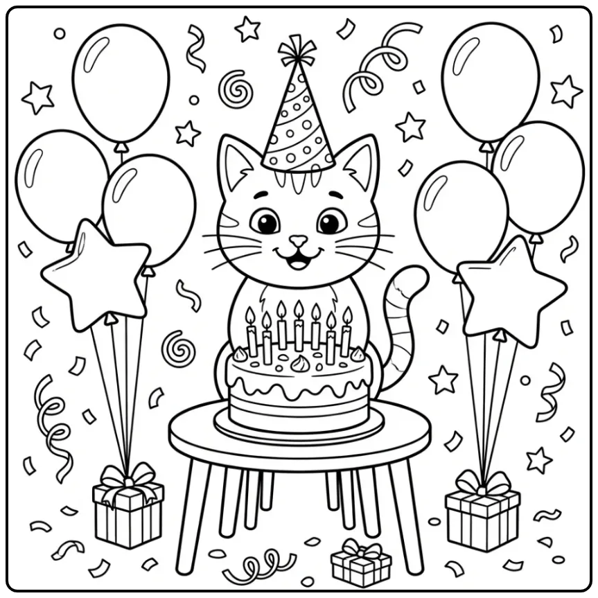 Birthday Cat coloring page with cake and balloons