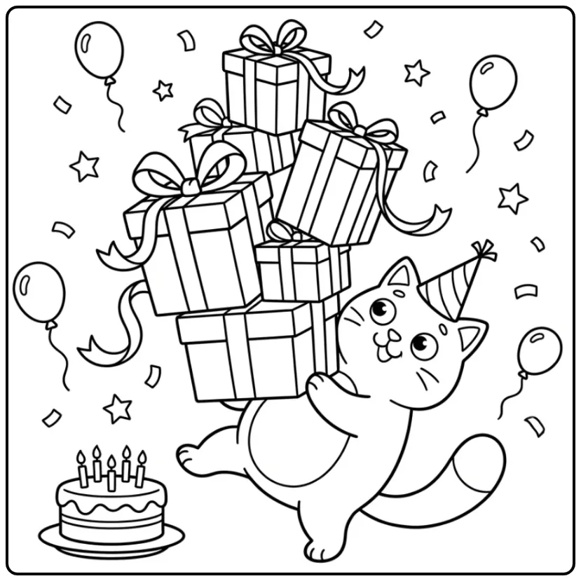 Birthday Cat coloring page with gifts and balloons