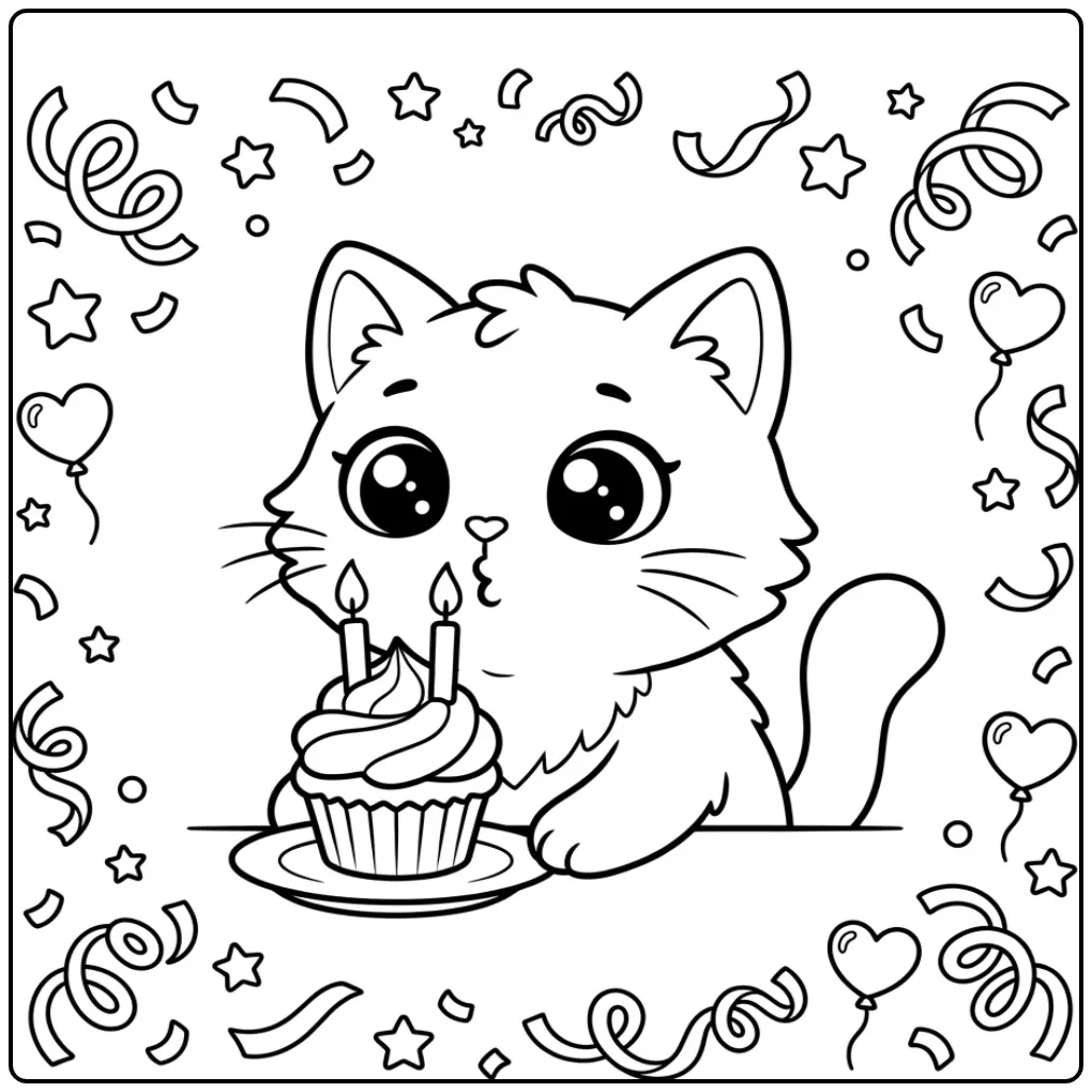 Birthday Cat coloring page blowing out candles
