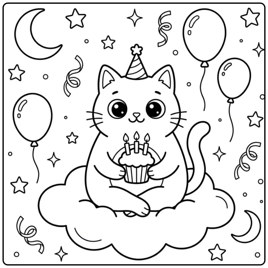 Birthday Cat coloring page on a cloud with cake