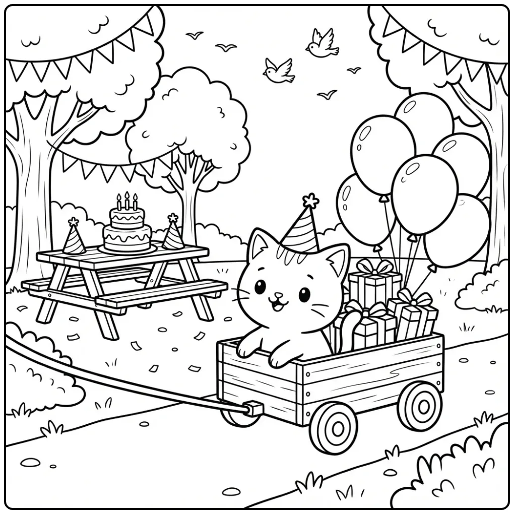 Birthday Cat coloring page in a wagon with balloons