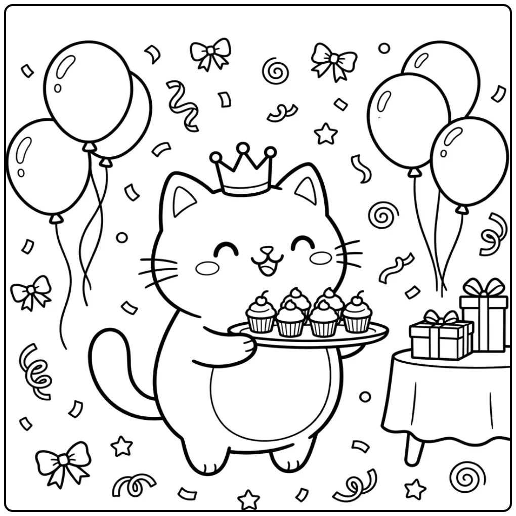 Birthday Cat coloring page with crown and cupcakes