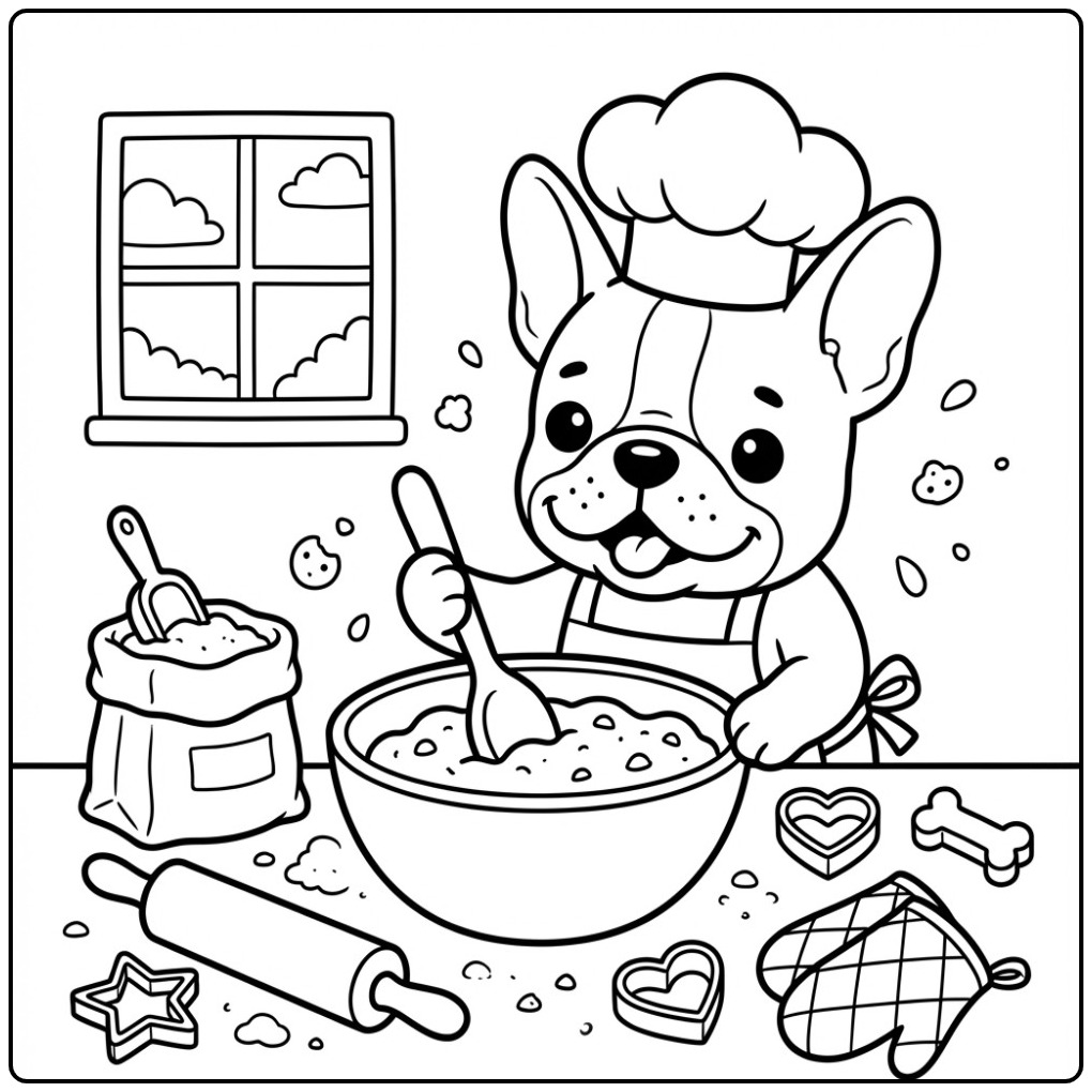 Cheerful Cook French Bulldog at the Baking coloring page