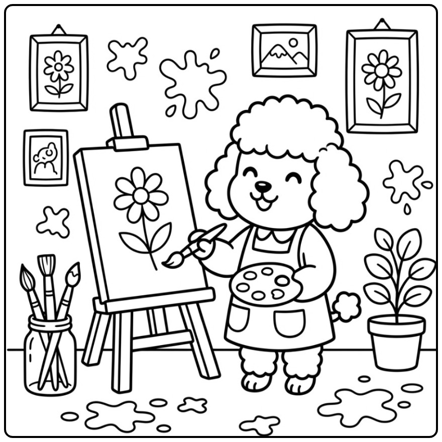 Cheerful Artist Poodle with a Palette coloring page