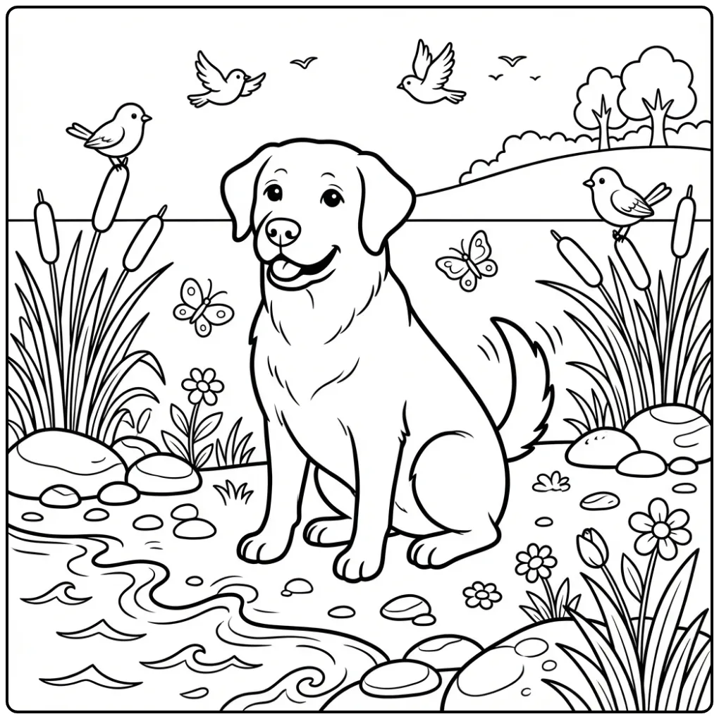 Cheerful Labrador at the Lake coloring page