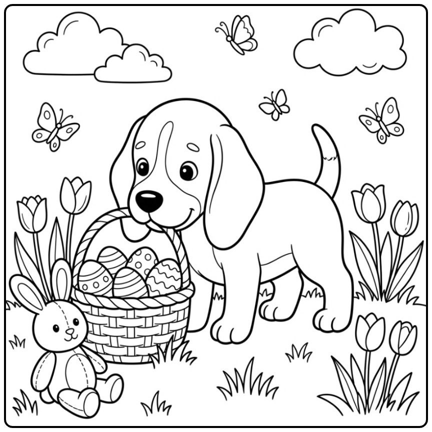 Cheerful Spring Beagle with Tulips and Butterflies coloring page