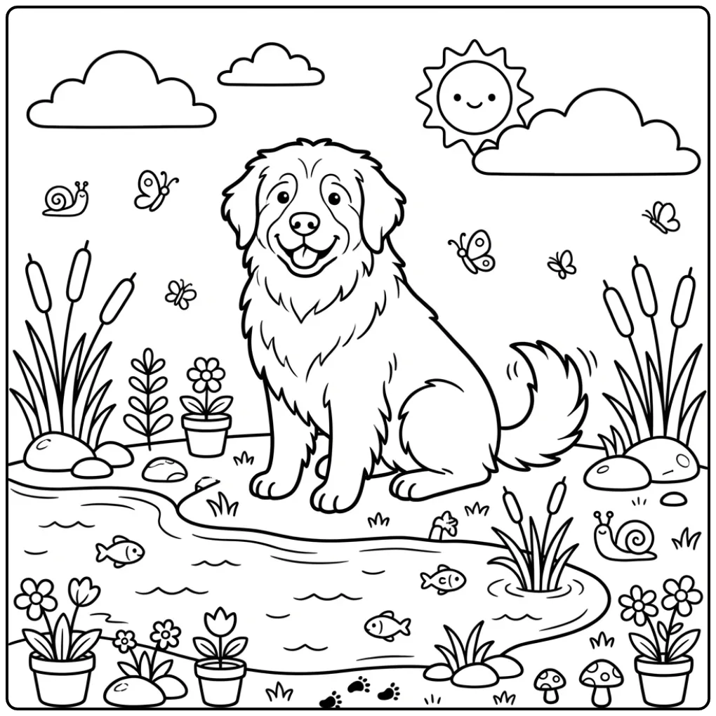 Cheerful Leonberger by the Water coloring page