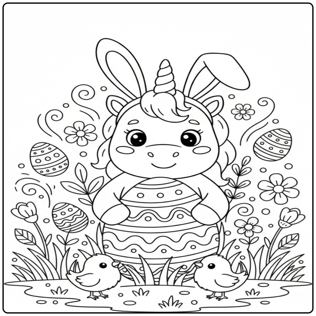 Cheerful Easy Easter Unicorn and Sweet Little Chicks coloring page