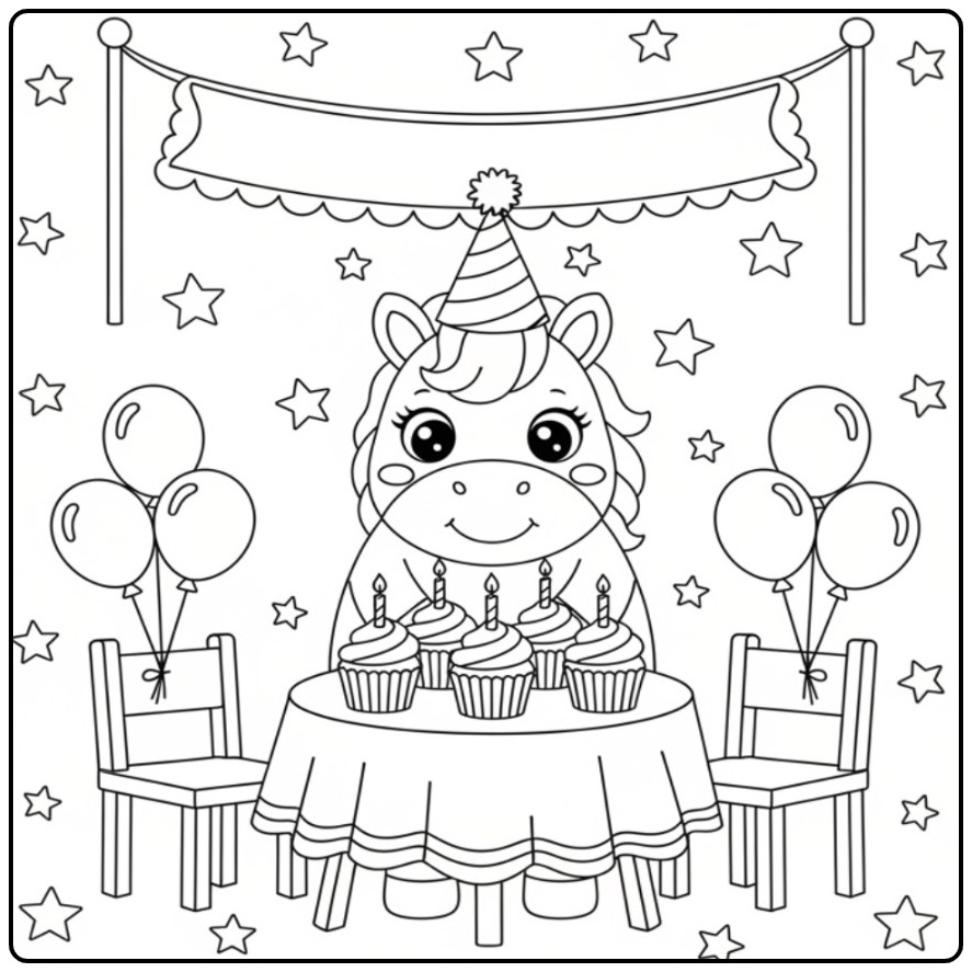 Cheerful Easy Unicorn Birthday coloring page