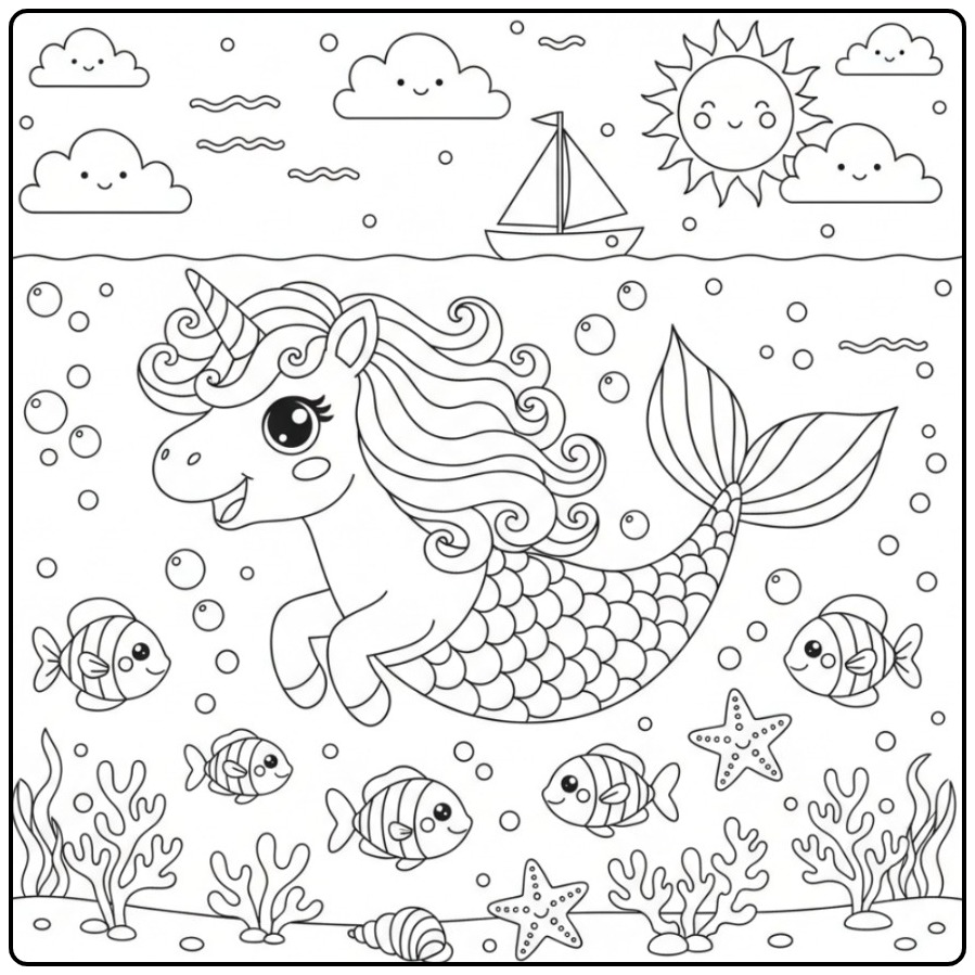 Cheerful Easy Unicorn Mermaid for Kids coloring page