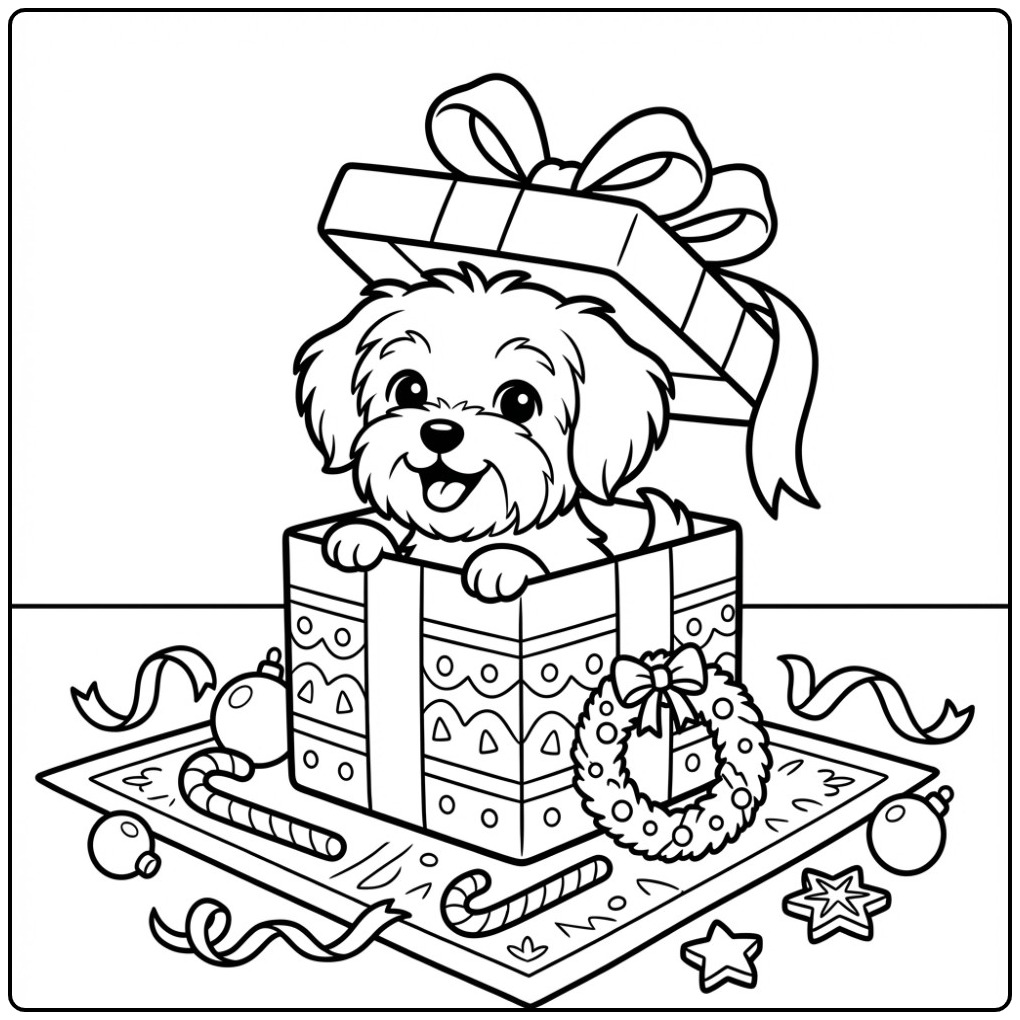 Maltese Puppy Christmas Dog Popping Out of a Gift Box coloring page