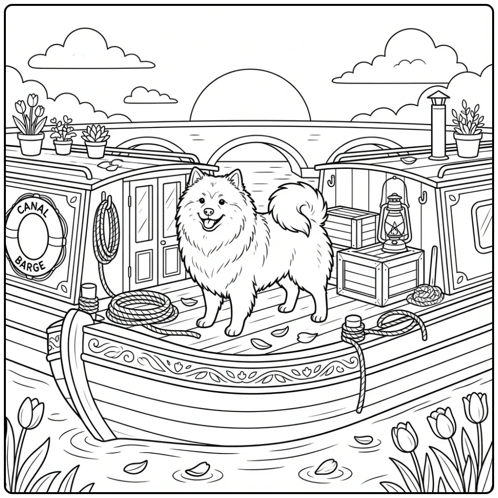 Keeshond on a Houseboat at Sunrise coloring page