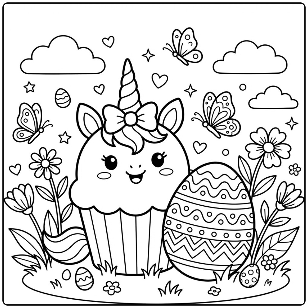 Cheerful Easter Unicorn Cupcake and Butterflies coloring page