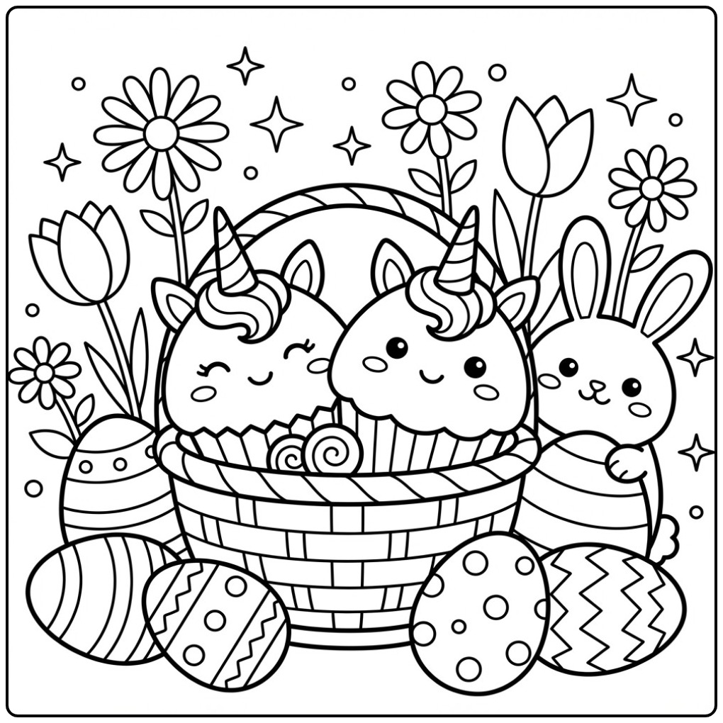 Cheerful Easter Unicorn Cupcake for Children coloring page