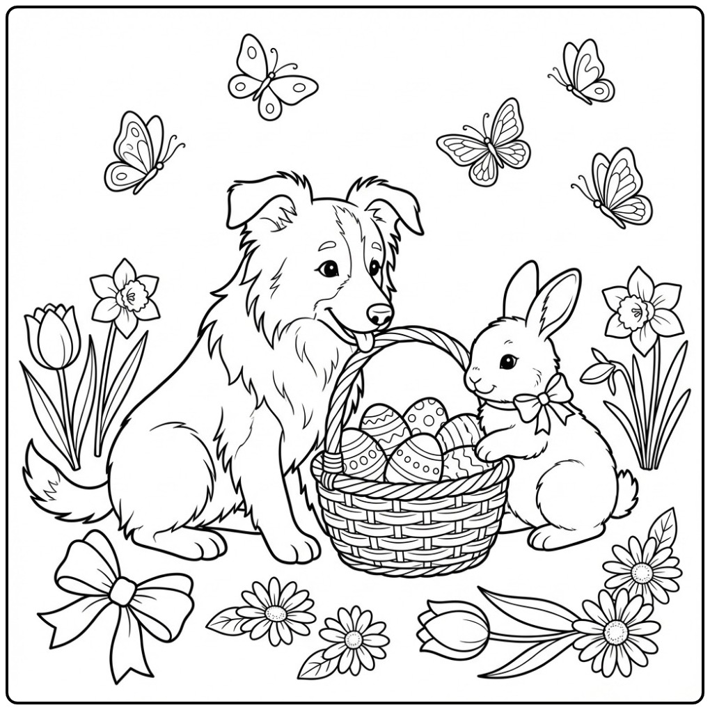 Border Collie with Easter Eggs and a Bunny coloring page