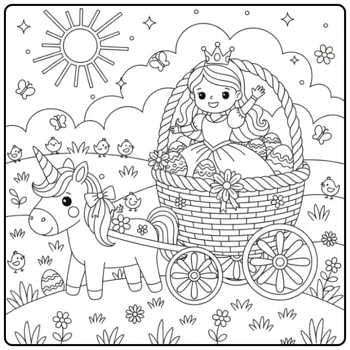 Cheerful Princess Unicorn in a Easter Basket coloring page