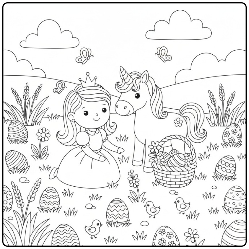 Cheerful Easter Princess Unicorn coloring page