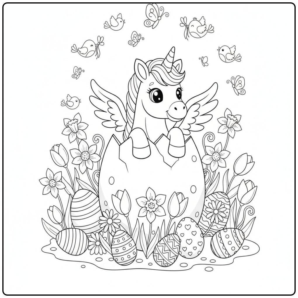 Cheerful Pasencoloring Page Unicorn with Wings and Flowers coloring page