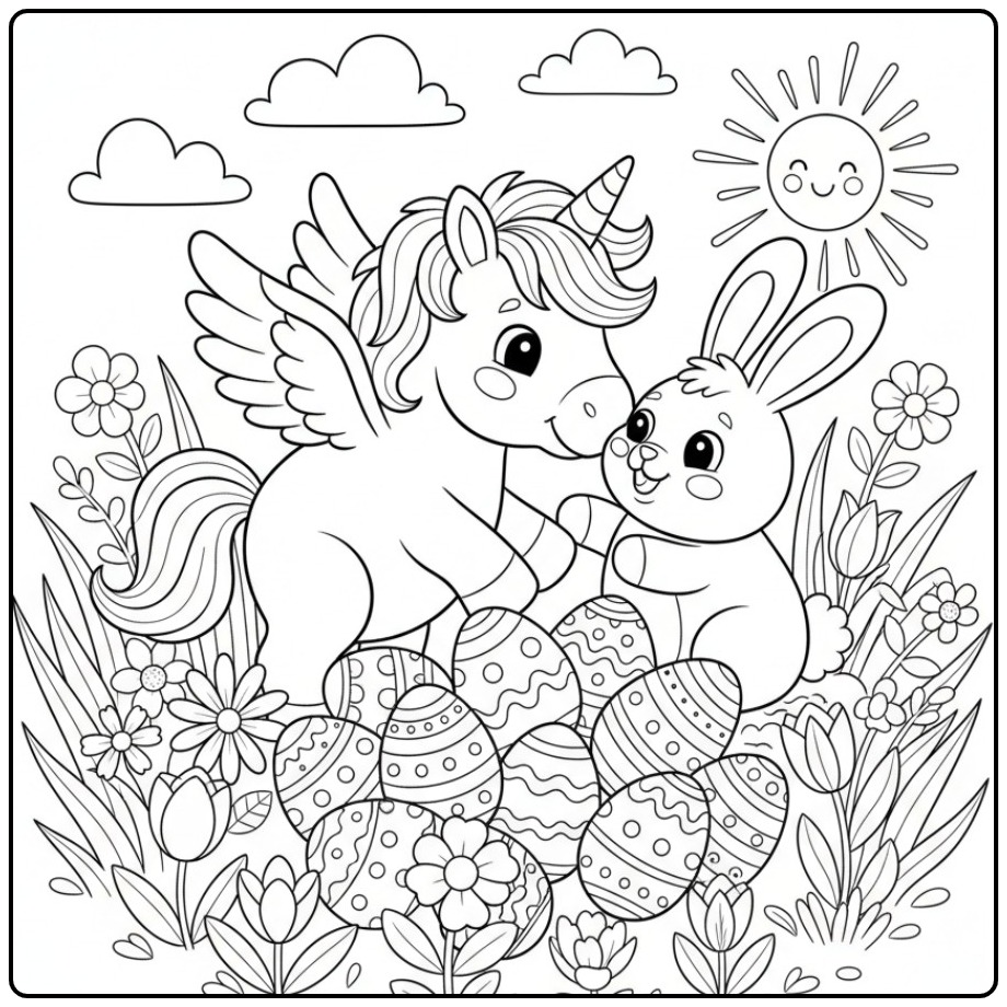 Cheerful Pasencoloring Page Unicorn with Wings and Paaseitjes coloring page
