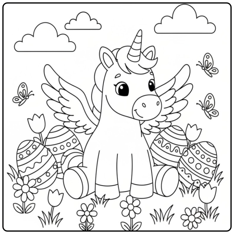Cheerful Pasencoloring Page Unicorn with Wings in a Field coloring page