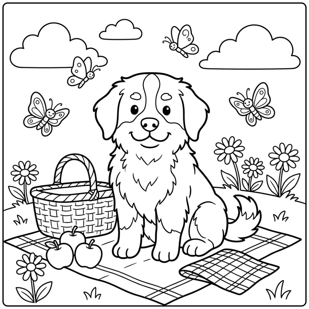 Bernese Mountain Dog Puppy at a Picnic coloring page