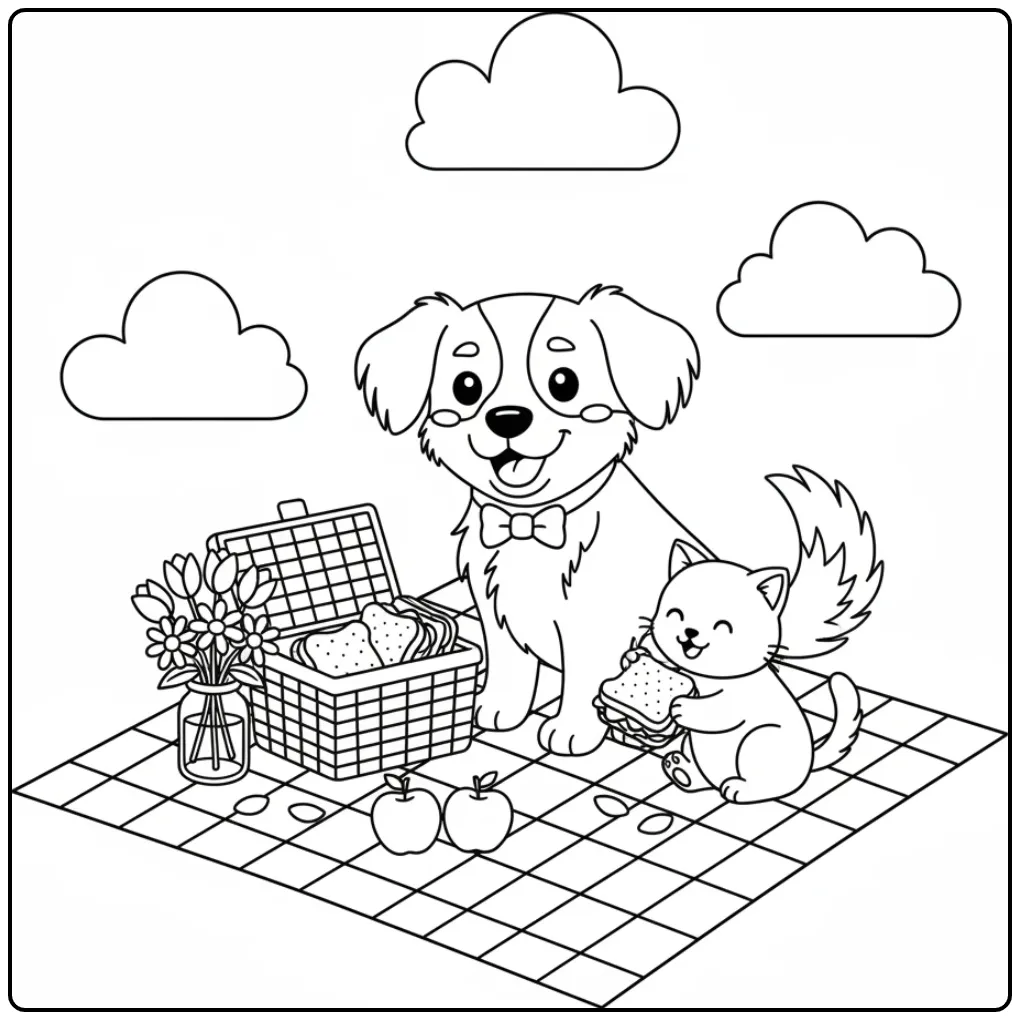 Kooikerhondje and Kitten Having a Picnic coloring page