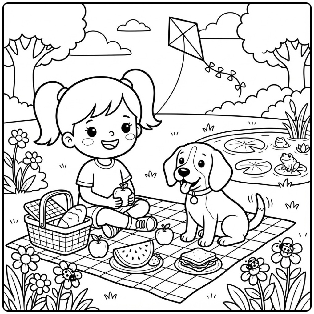 Girl Having a Picnic with a Beagle coloring page