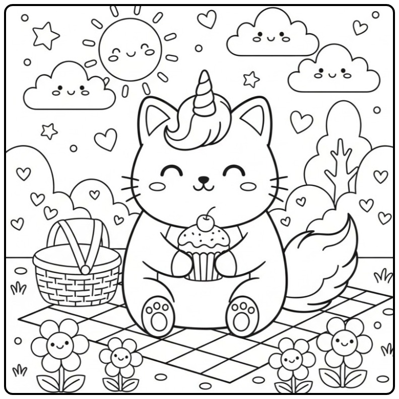 Cheerful Picnic with a Kawaii Unicorn Cat coloring page