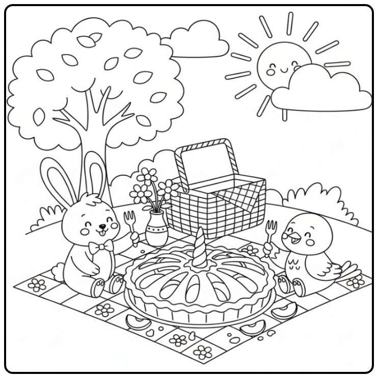 Cheerful Picnic with a Unicorn Cake and Friends coloring page