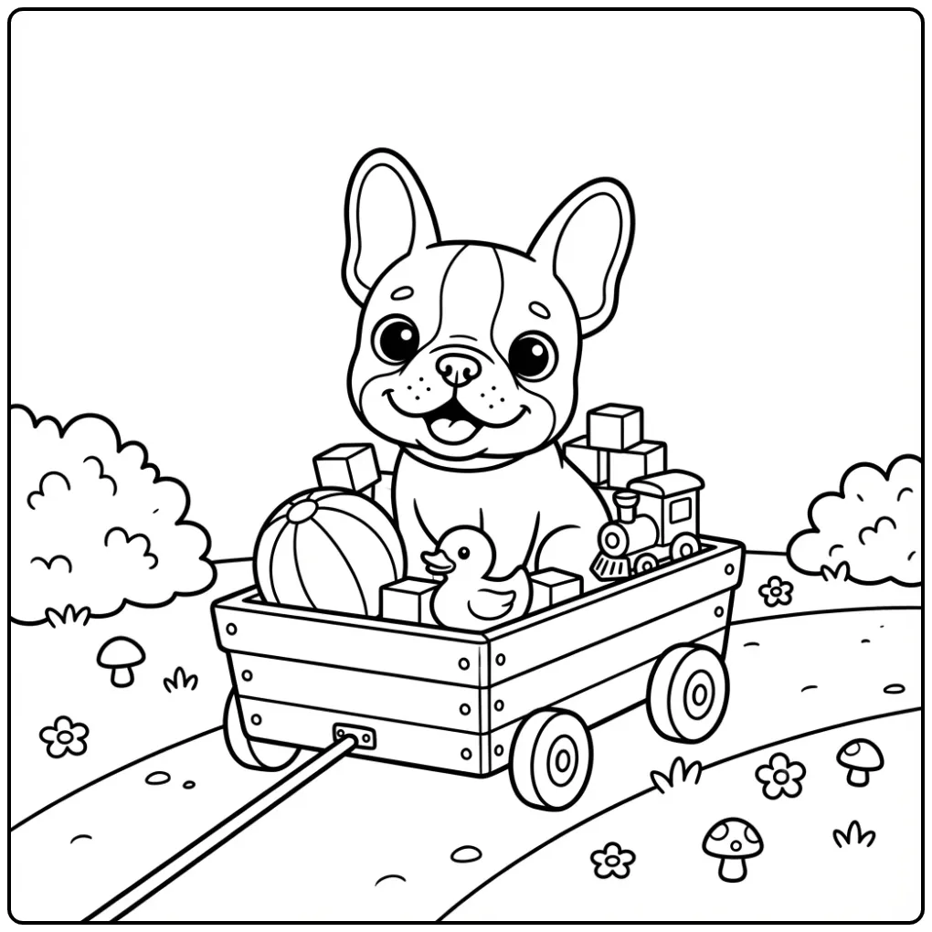 Cheerful Easy Puppy with Toy Cart coloring page