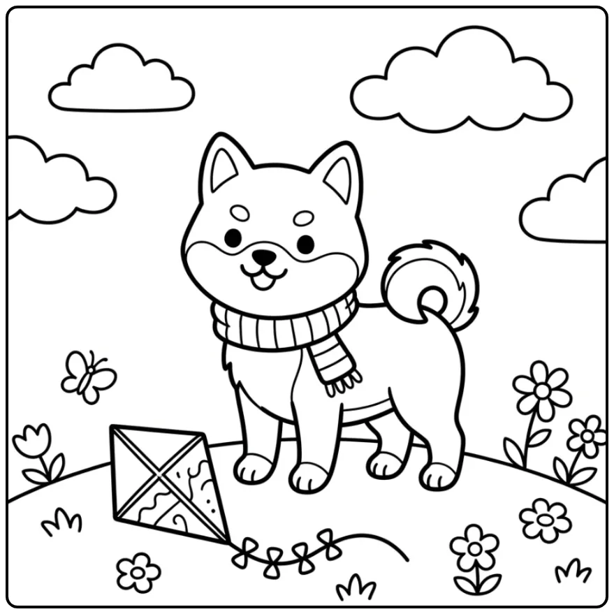 Cheerful Easy Puppy with Butterfly and Flowers coloring page