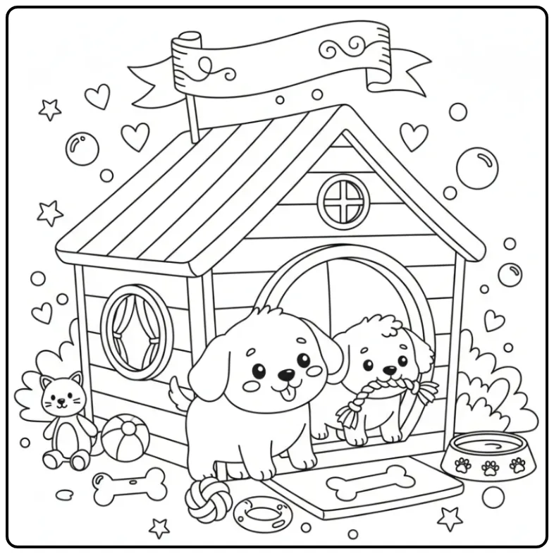 Two Puppies Playing Around a Doghouse coloring page