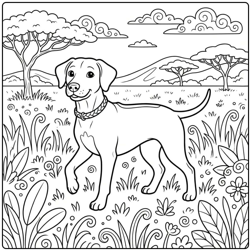 Cheerful Rhodesian Ridgeback in the Grass coloring page