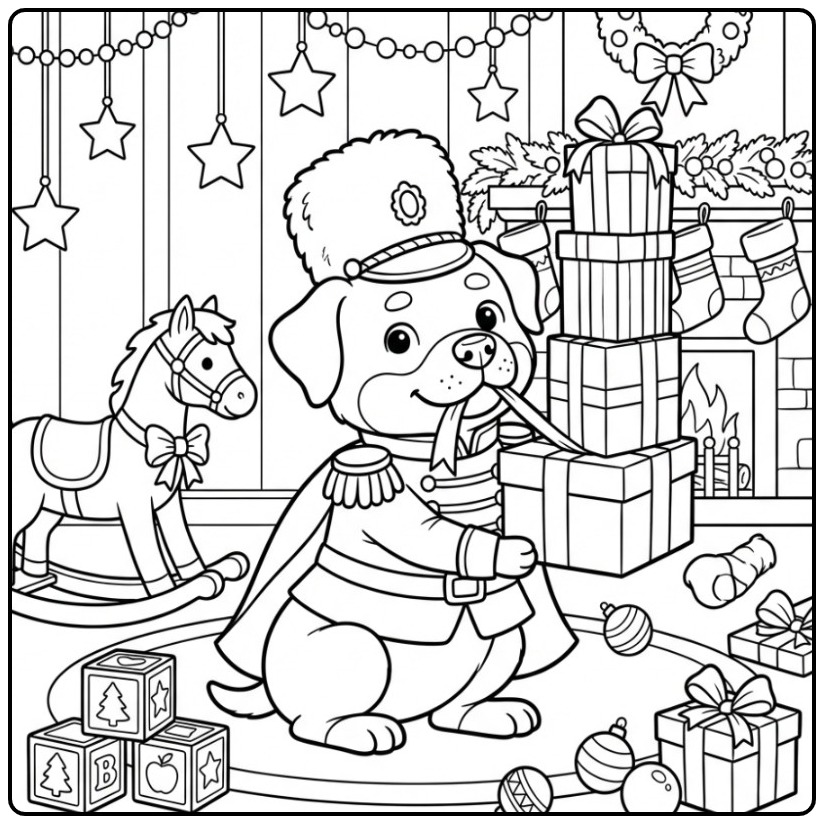 Rottweiler Christmas Dog Guarding a Tower of Gifts coloring page