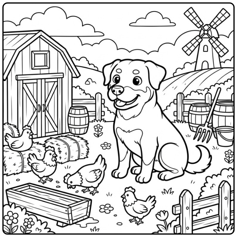 Rottweiler on a Farm with Chickens coloring page