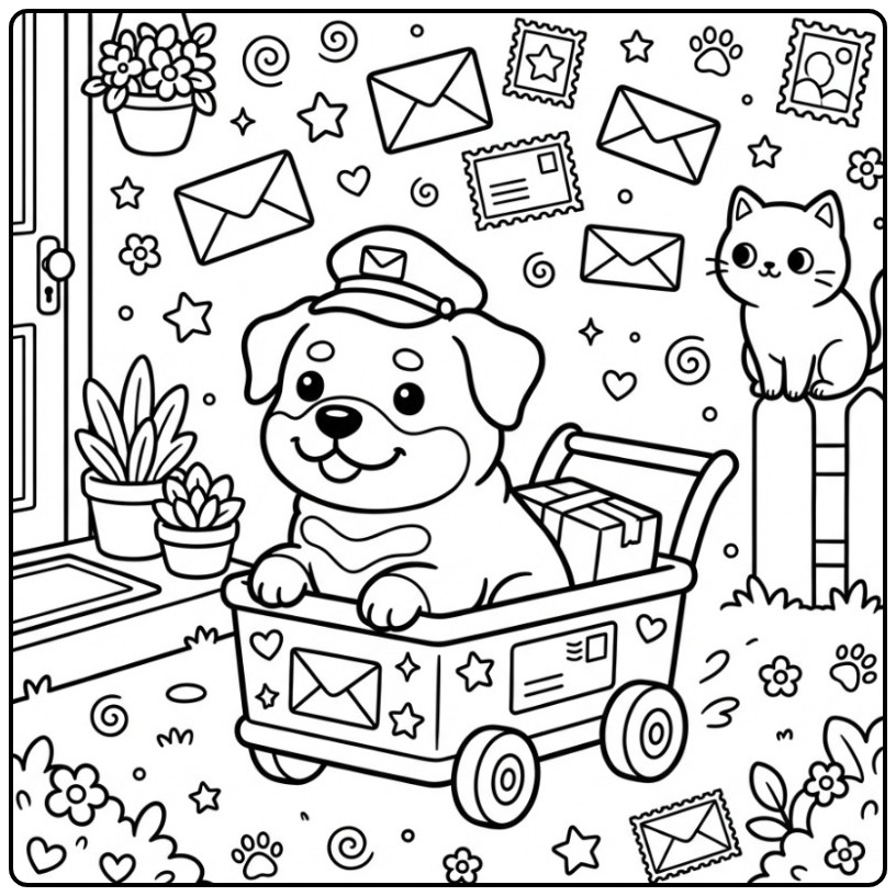Rottweiler Mail Carrier with a Cat coloring page