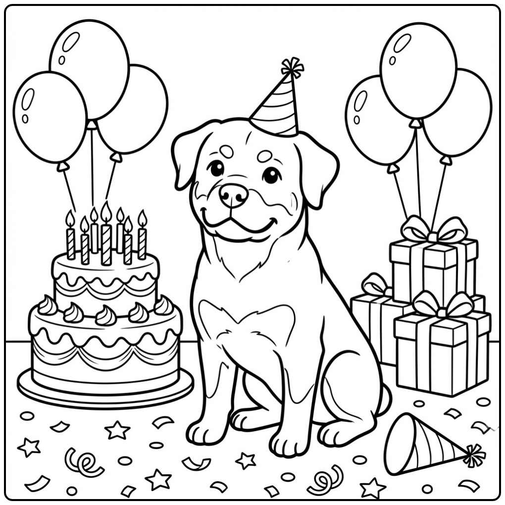 Rottweiler Celebrating a Birthday coloring page