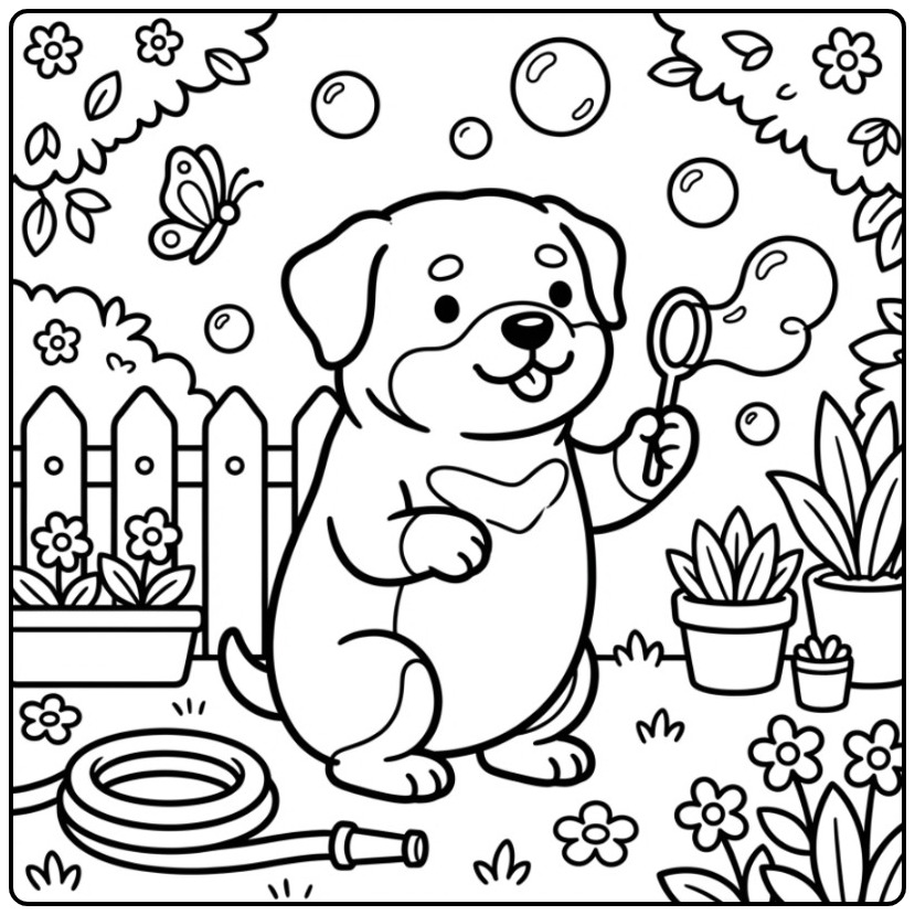 Rottweiler Playing with Bubbles in the Backyard coloring page