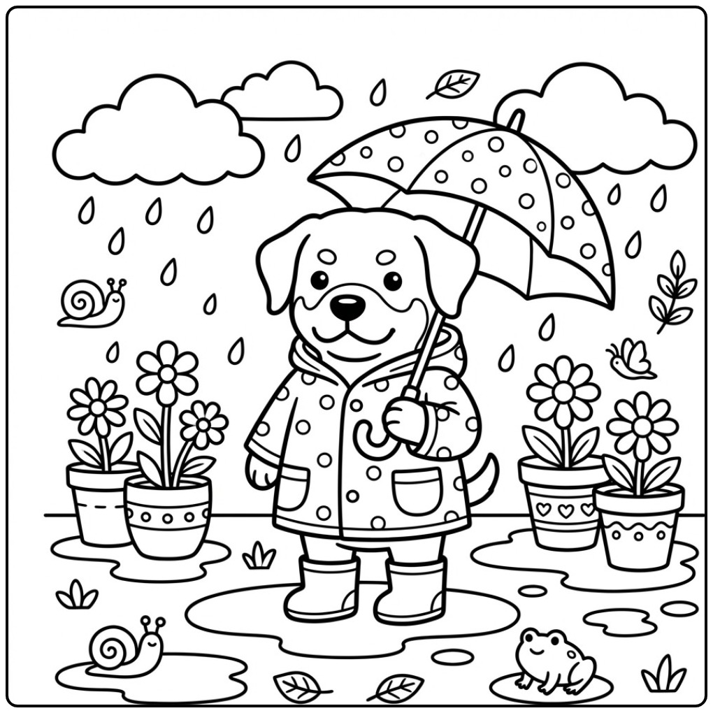 Rottweiler Wearing a Raincoat with an Umbrella coloring page