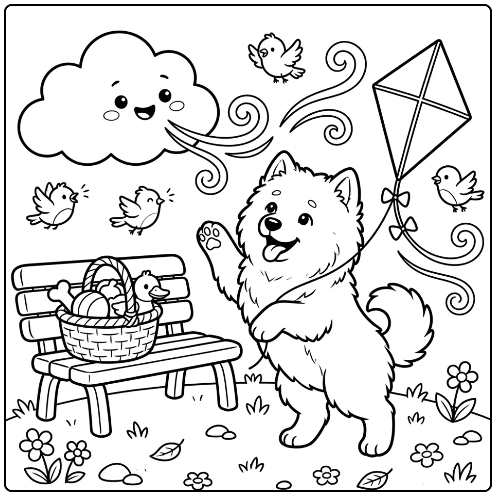 Cheerful Samoyed Puppy Playing with a Kite coloring page