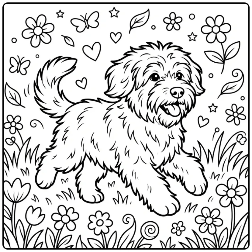 Cheerful Schapendoes in the Grass coloring page