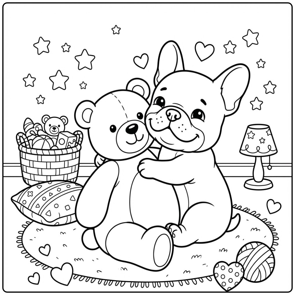 Cheerful Cute French Bulldog and a Teddy Bear coloring page