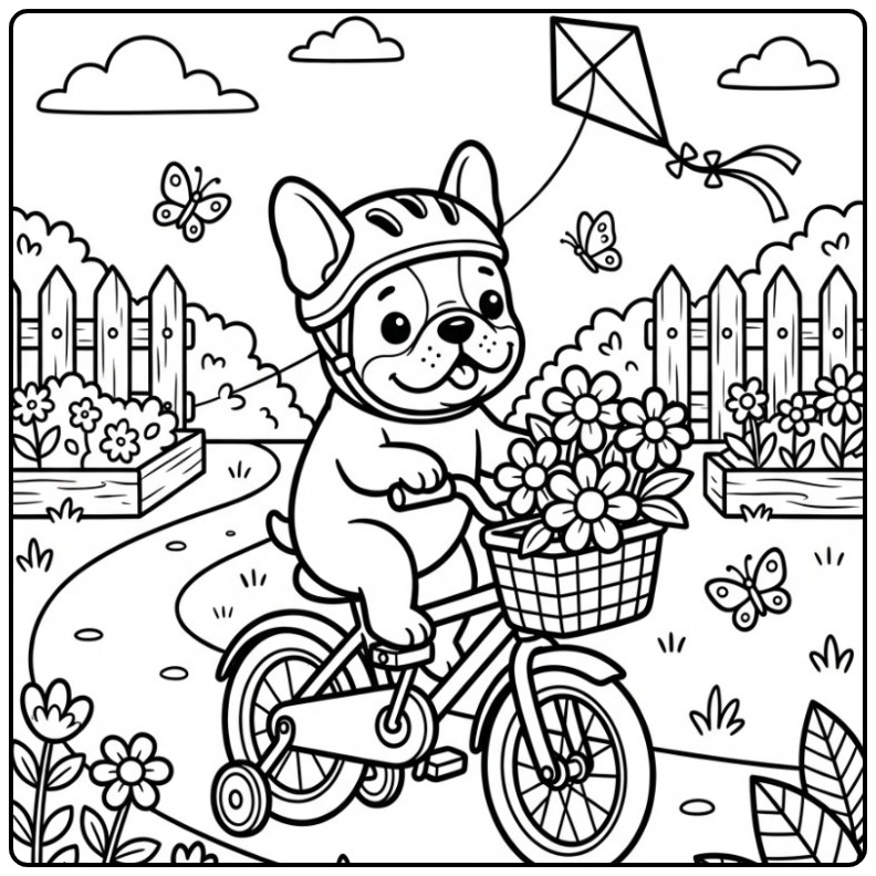 Cheerful Cute French Bulldog a Bicycle coloring page