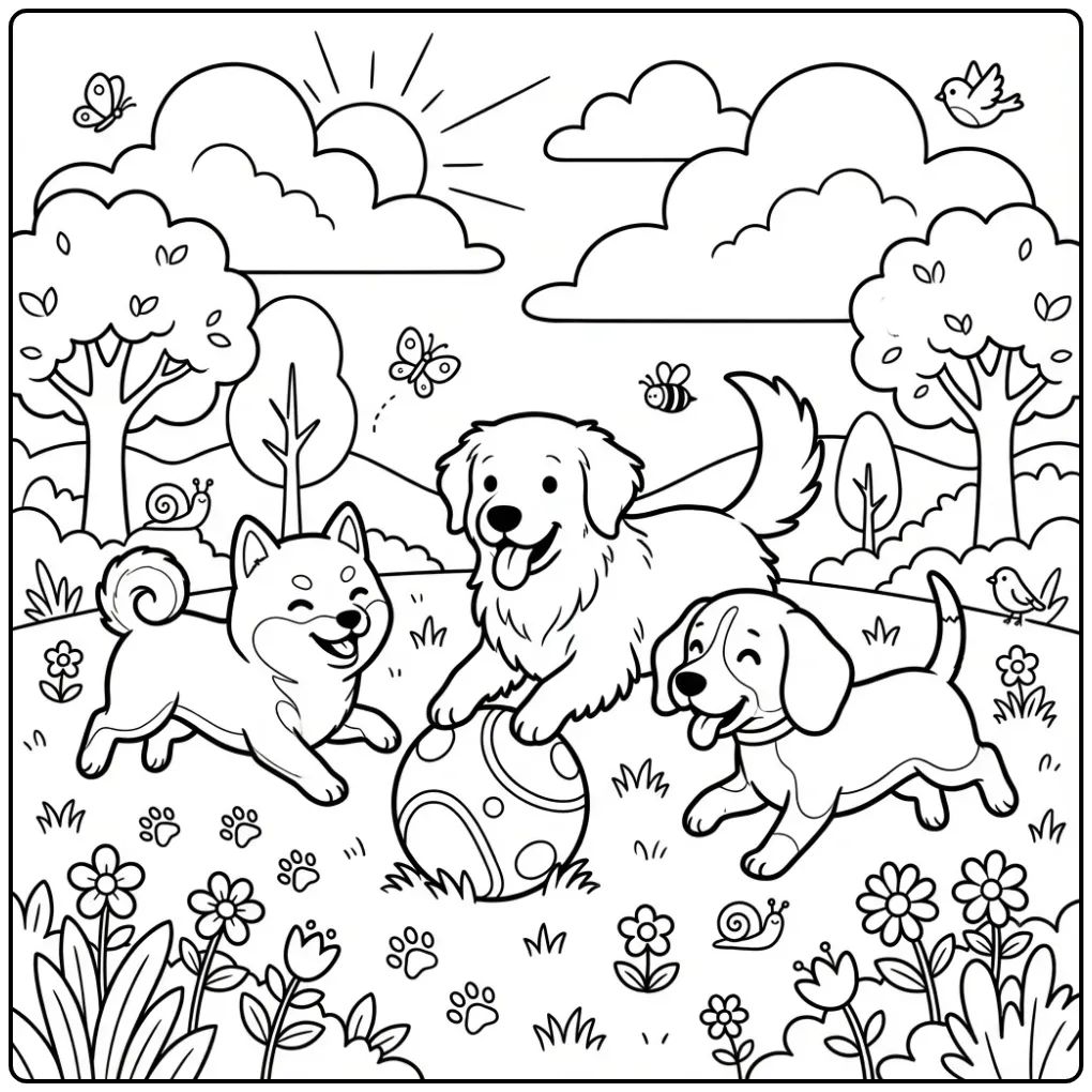 Cheerful Cute Dogs in the Park coloring page