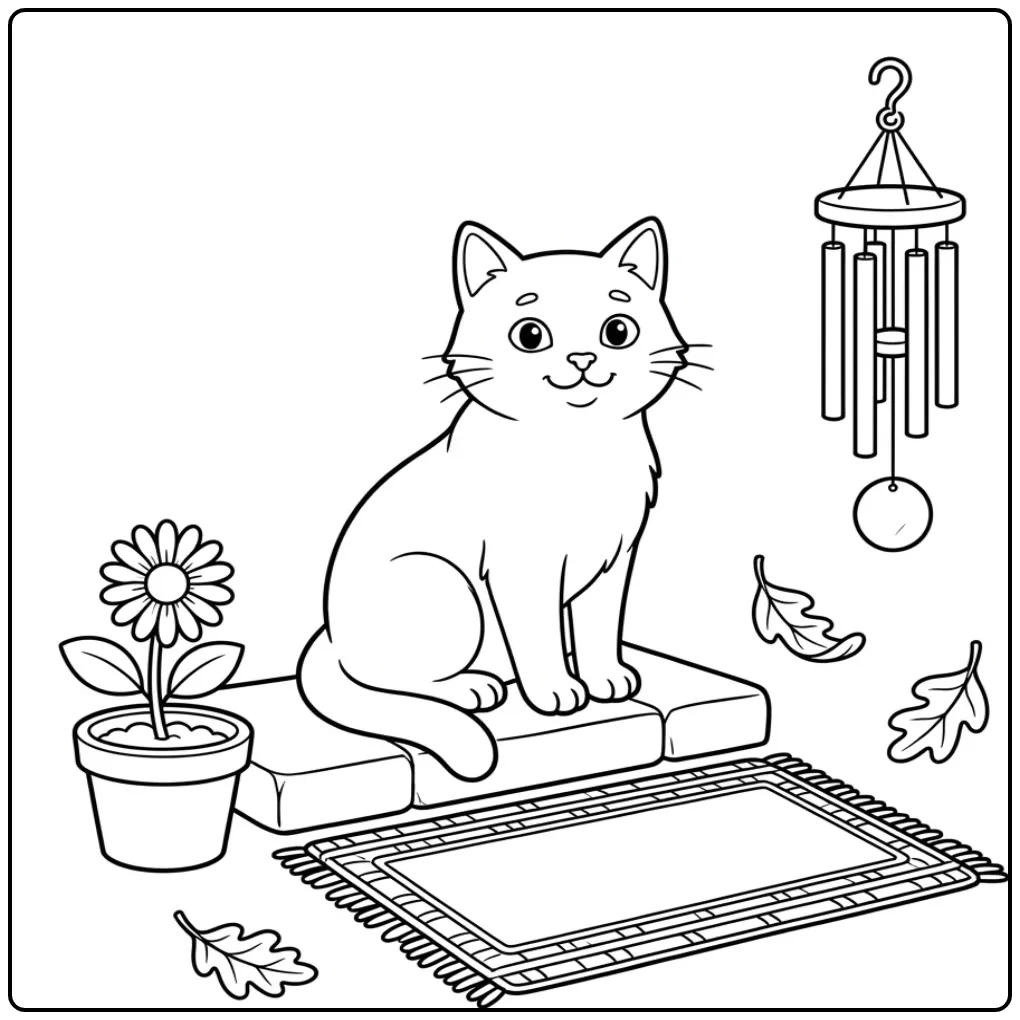 Cute Cat coloring page sitting on a doormat