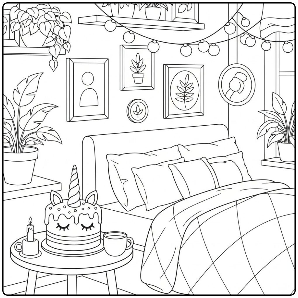 Cheerful Bedroom Scene with Unicorn Cake coloring page